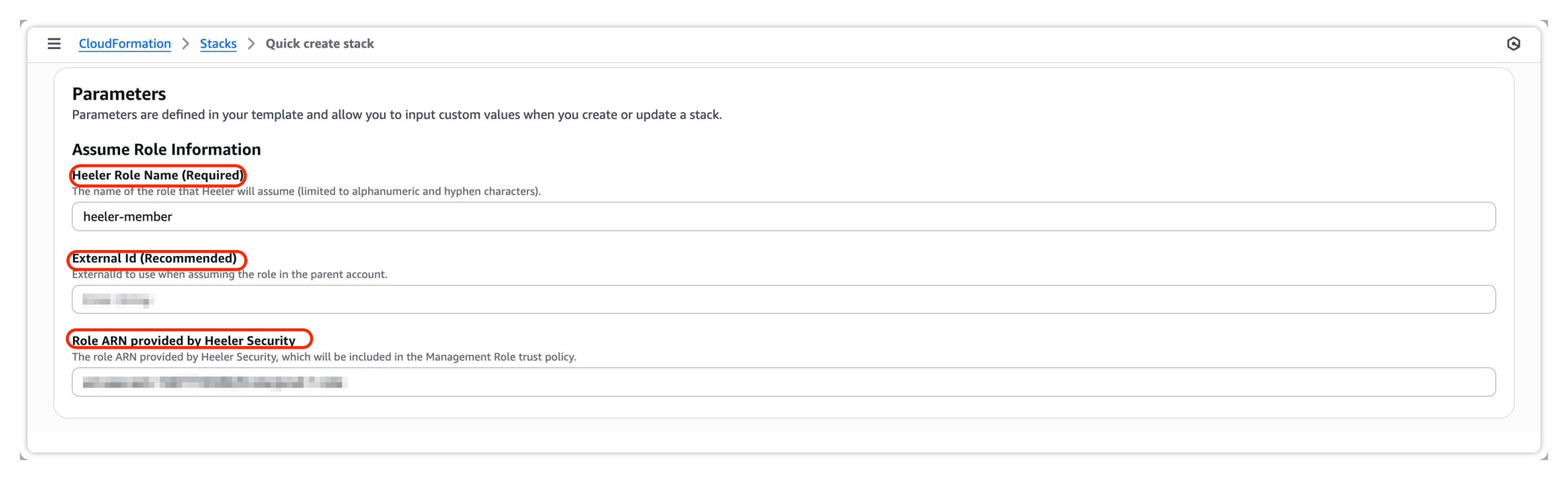 The CloudFormation Parameters form with Heeler Role Name (heeler-member), External Id, and Role ARN provided by Heeler Security fields.