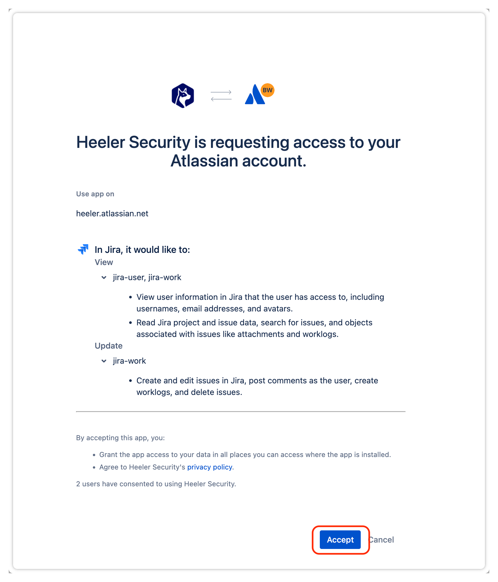 The Atlassian consent screen: Heeler Security is requesting access to your Atlassian account, listing view and update permissions, with Accept highlighted.