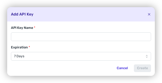 The Add API Key modal with an API Key Name field and an Expiration selector set to 7 Days.
