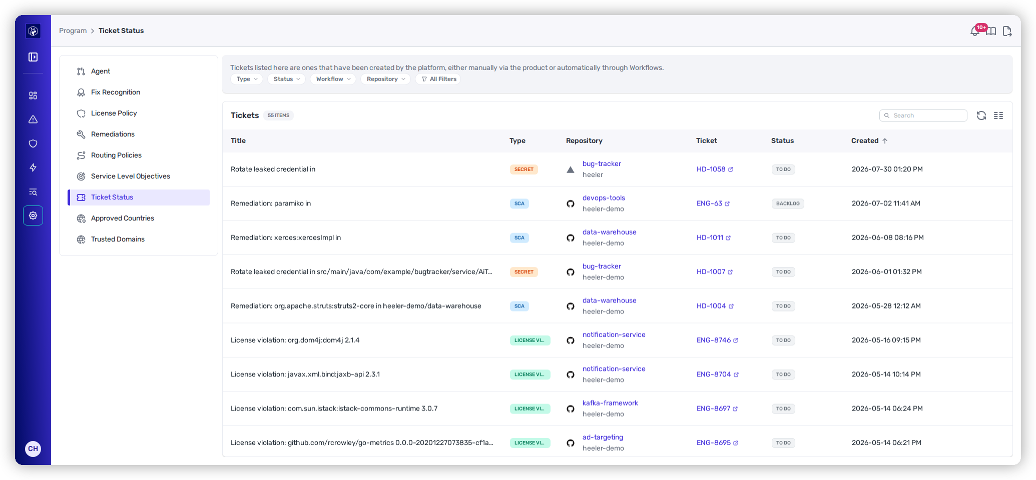 The Ticket Status list showing tickets with Type, Repository, external ticket ID, Status, and Created columns, and filters for Type, Status, Workflow, and Repository.