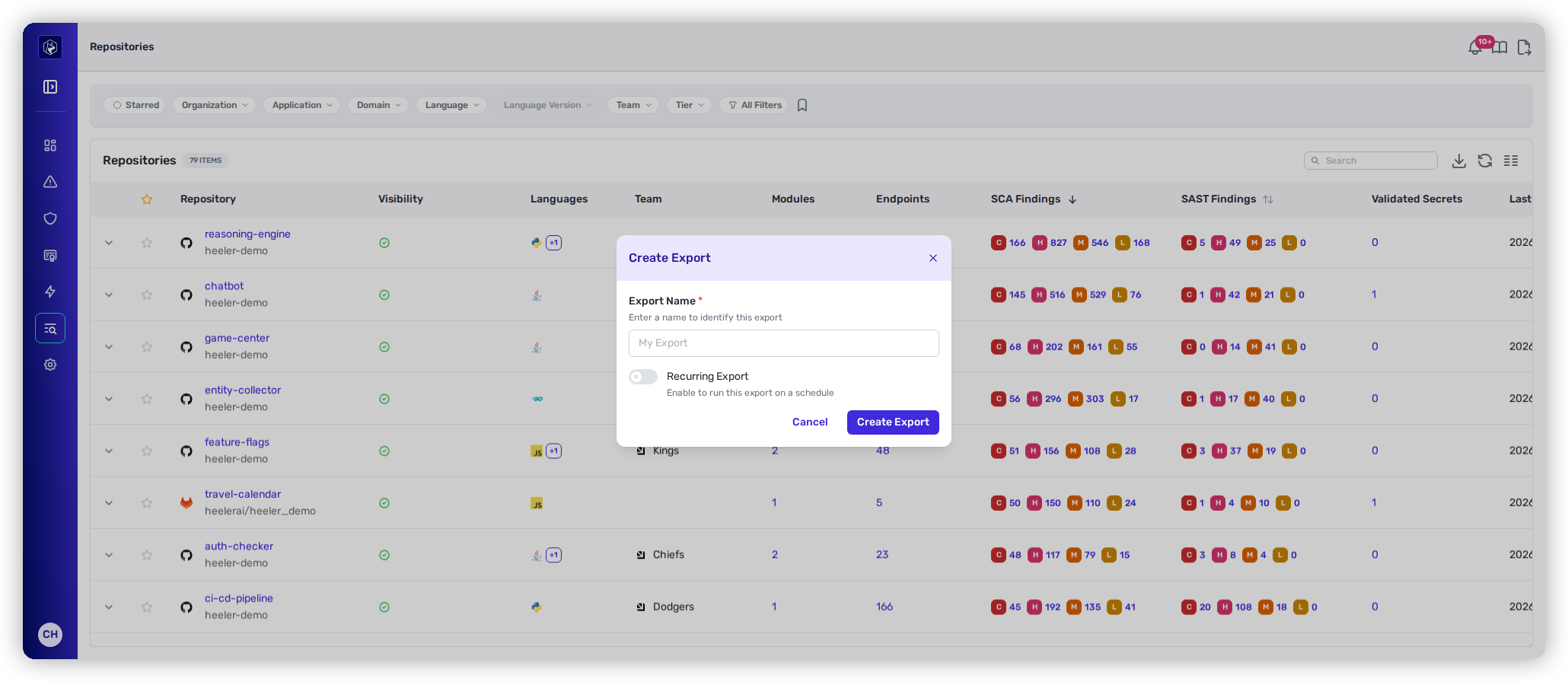 The Create Export dialog with an Export Name field and a Recurring Export toggle.