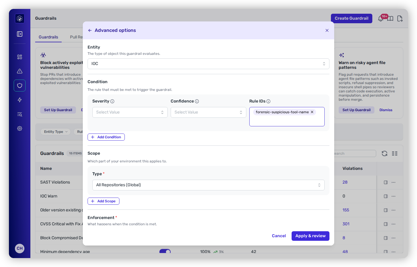 Advanced options for an IOC guardrail: the IOC entity, with Severity and Confidence filters and forensic-suspicious-tool-name entered under Rule IDs.