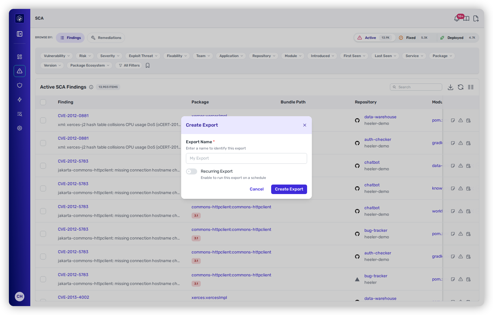 The Create Export dialog with a name field and a Recurring Export toggle.