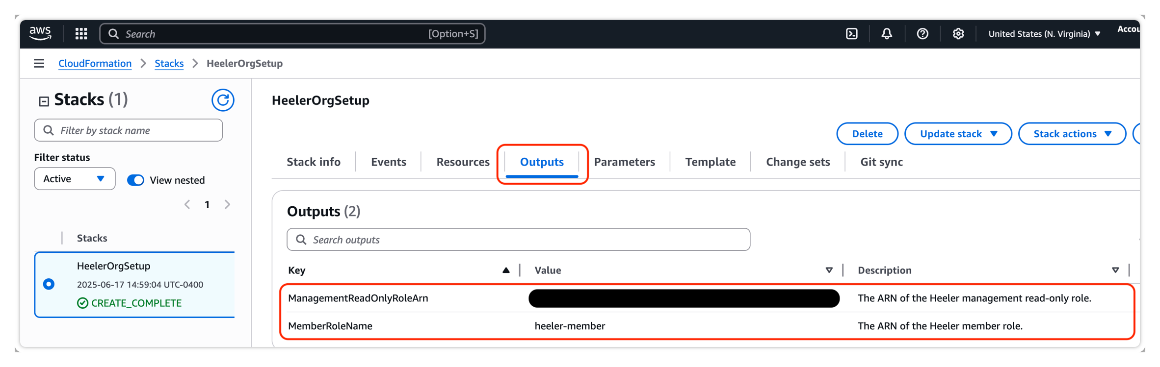 The CloudFormation stack Outputs tab showing ManagementReadOnlyRoleArn and MemberRoleName.