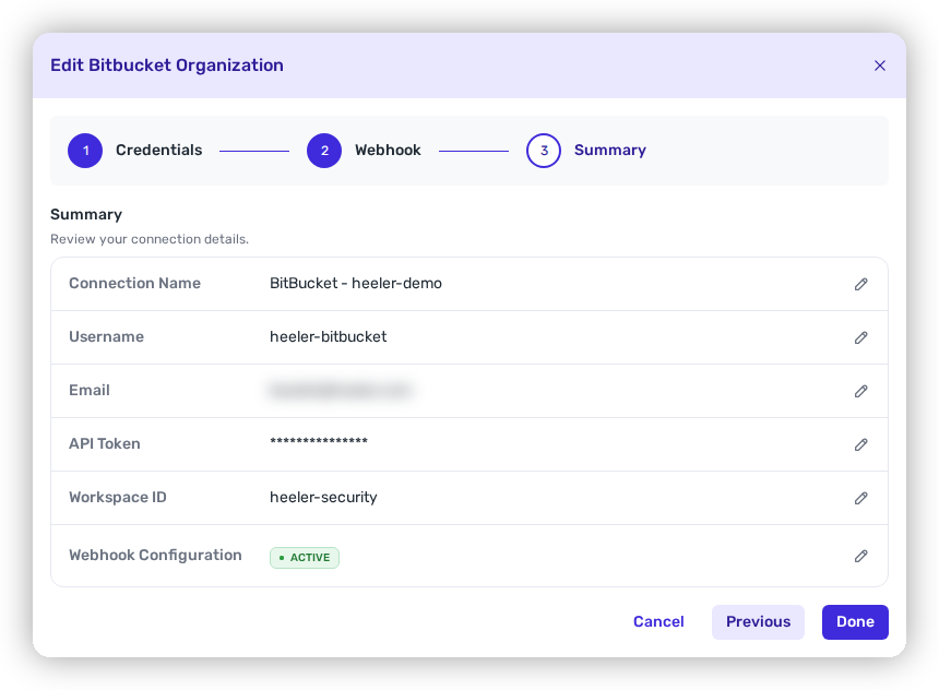 The Summary step of the Bitbucket connection wizard.