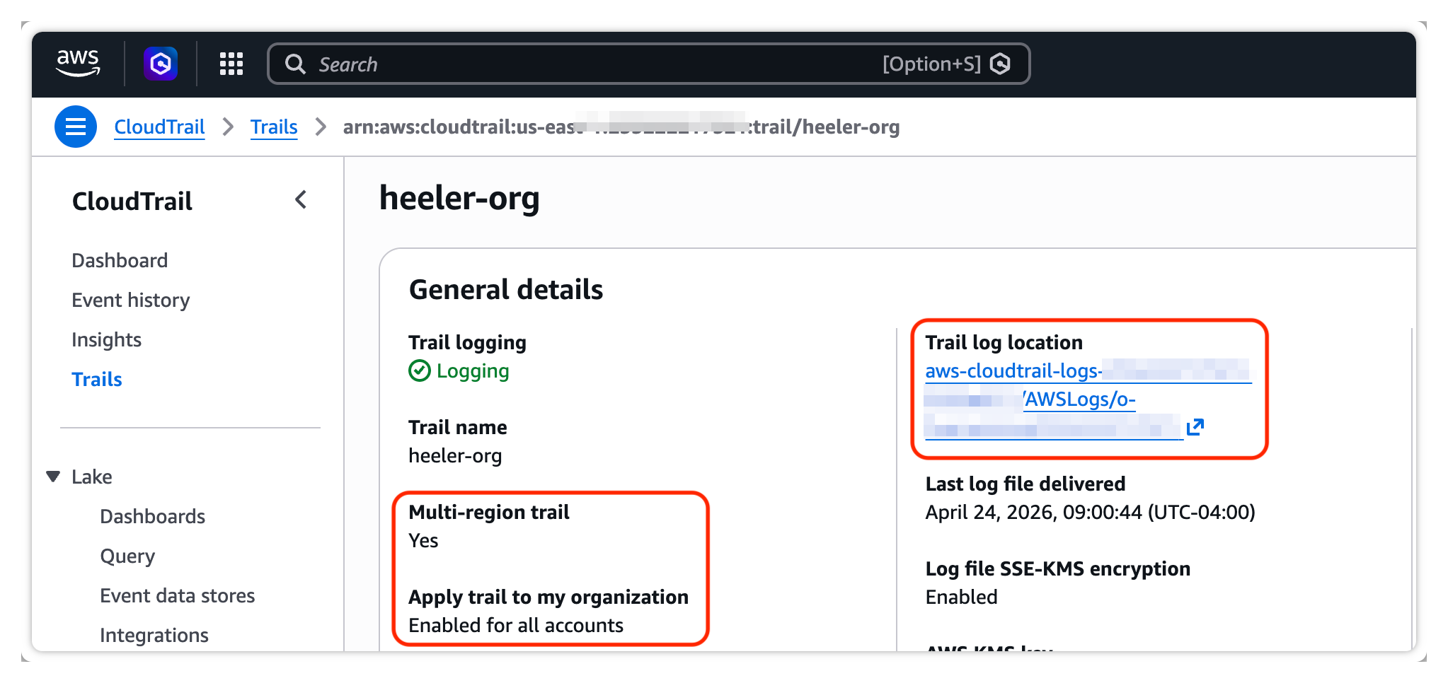 The AWS CloudTrail trail details page showing a multi-region trail applied to all accounts in the organization and its S3 trail log location.