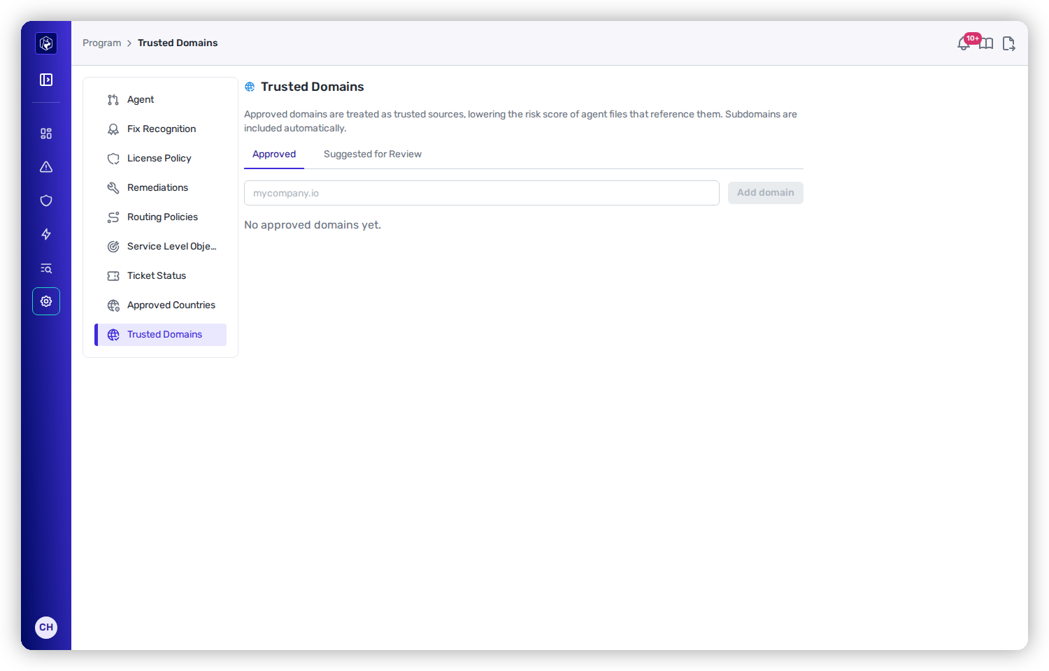 The Trusted Domains page on the Approved tab, with an Add domain control and an empty approved list.