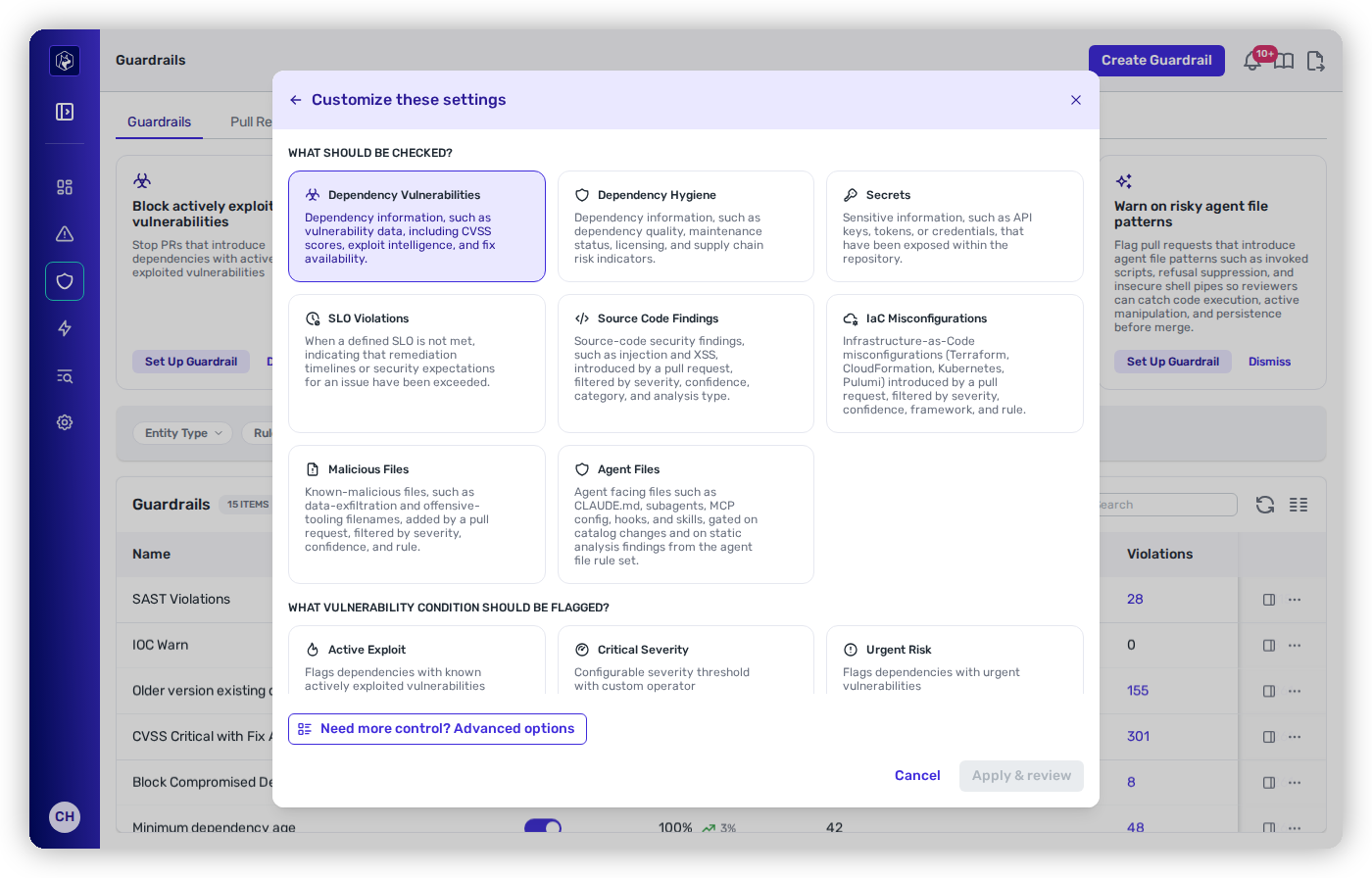 Choosing dependency vulnerability conditions in the guardrail builder.