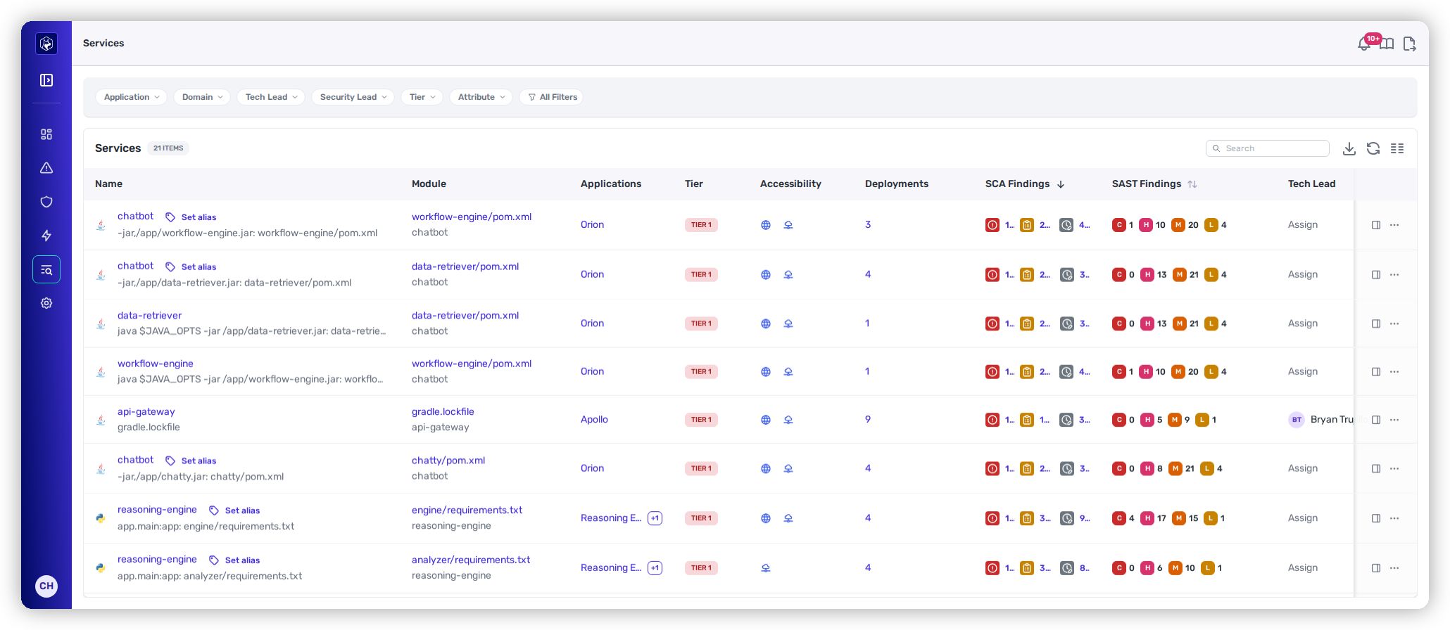 The Services inventory with module, applications, tier, accessibility, deployments, and findings.