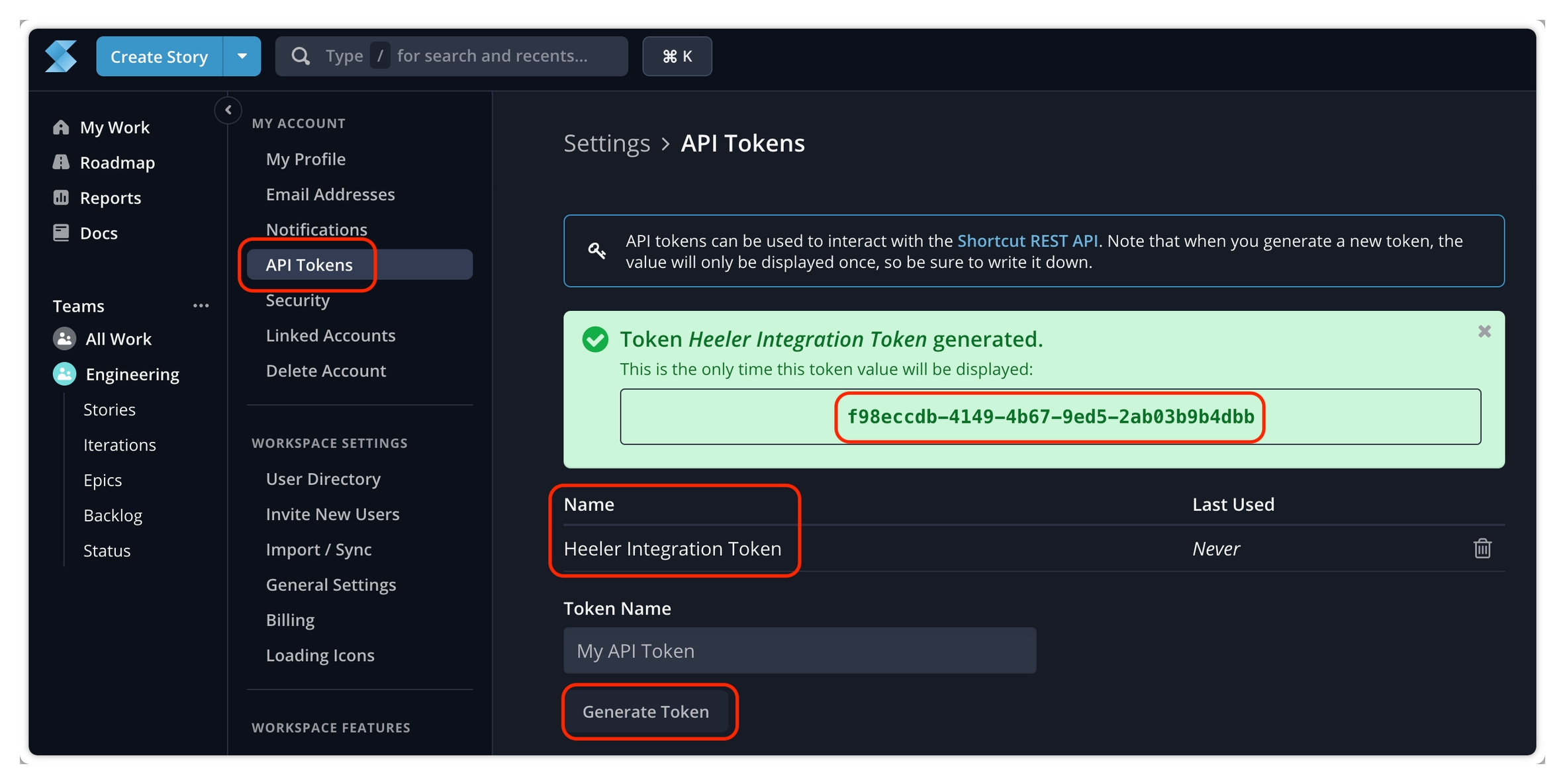 Shortcut's API Tokens page with a generated Heeler Integration Token.