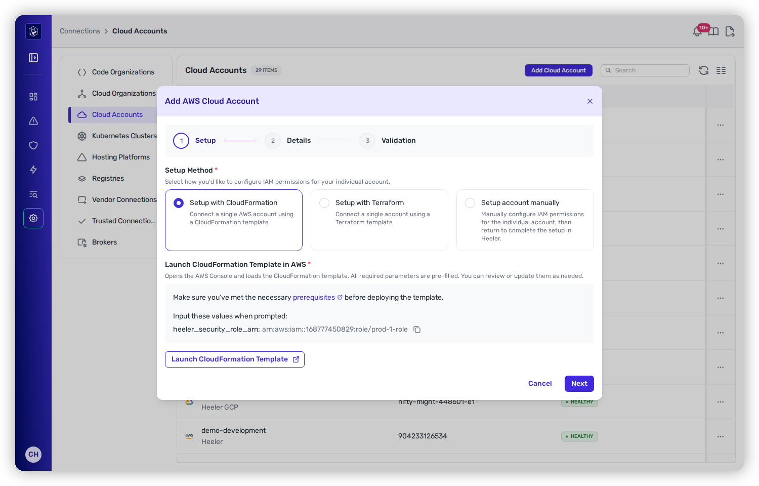The Add Cloud Account wizard in Heeler with Setup with CloudFormation, Setup with Terraform, and Setup account manually options, and a Launch CloudFormation Template button.