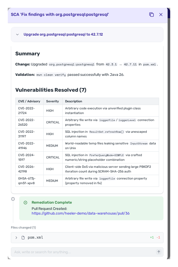 A completed agent execution: a Summary showing the dependency upgraded and 'mvn clean verify passed successfully', a Vulnerabilities Resolved table, a Pull Request Created link, and Files changed.