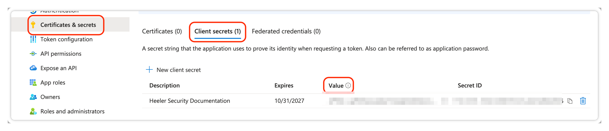 The saved client secret with its Value to copy.