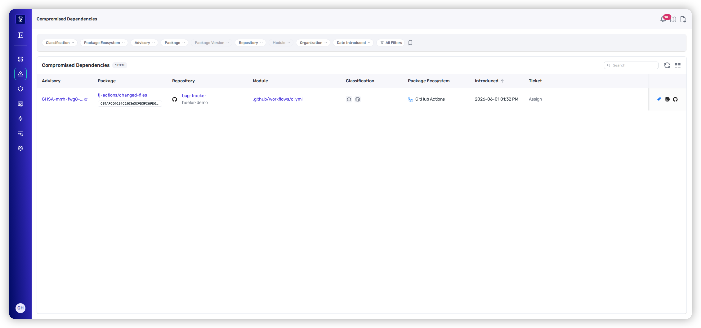 The Compromised Dependencies listing, with the advisory, package, and where it landed.