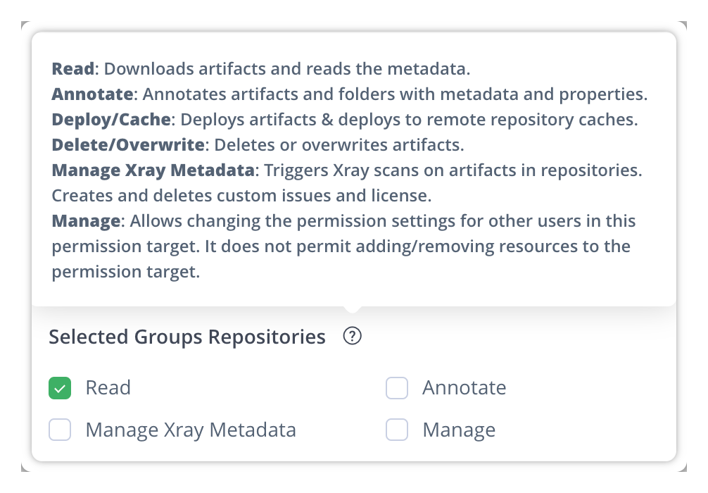 JFrog permission settings with Read checked for the selected repositories.