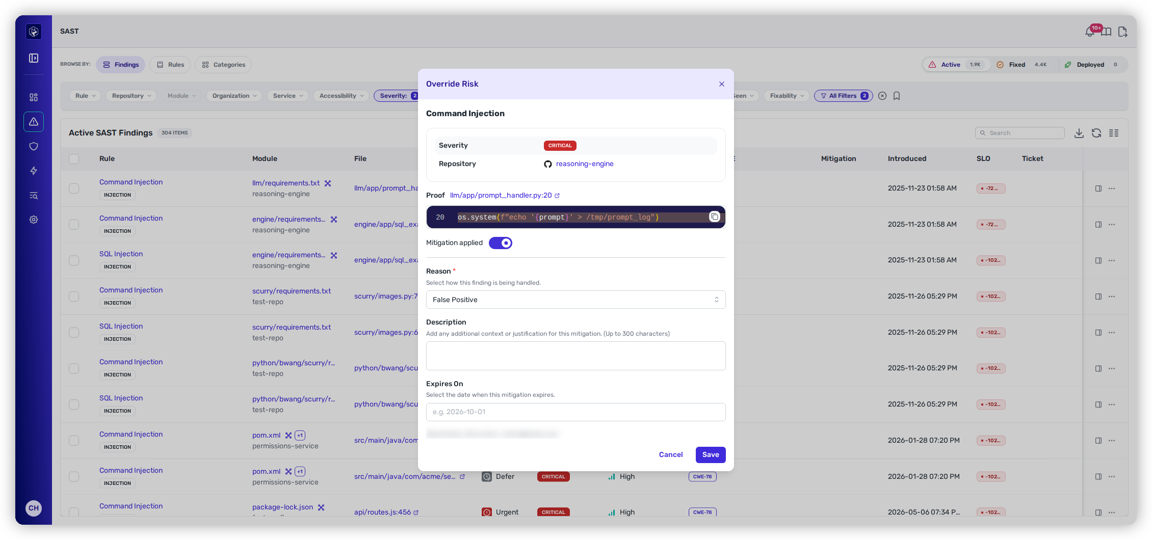 The Override Risk modal showing the Proof snippet and the Mitigation applied toggle.