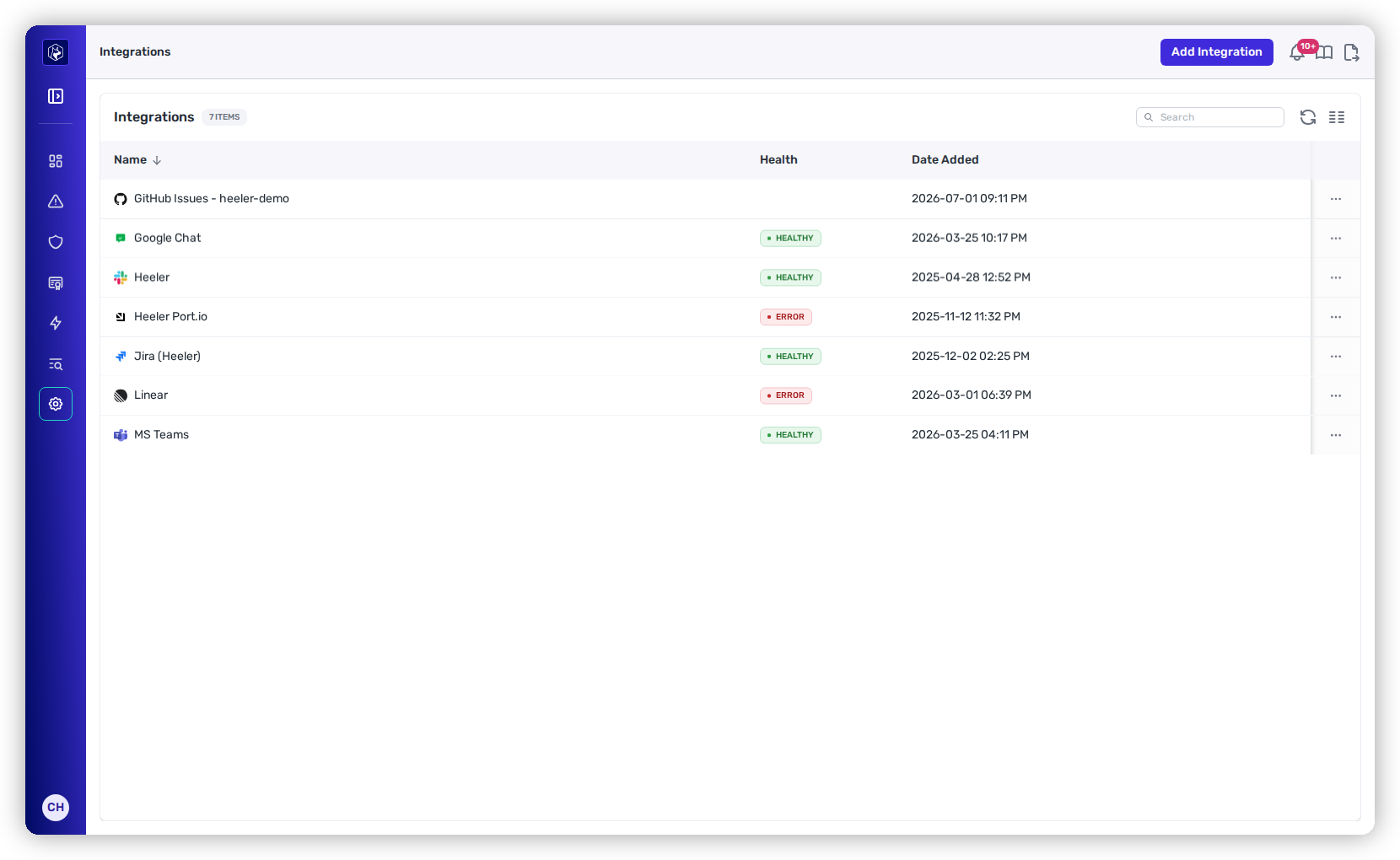 The Integrations list, each row carrying a Health status; some are healthy and some show an ERROR.