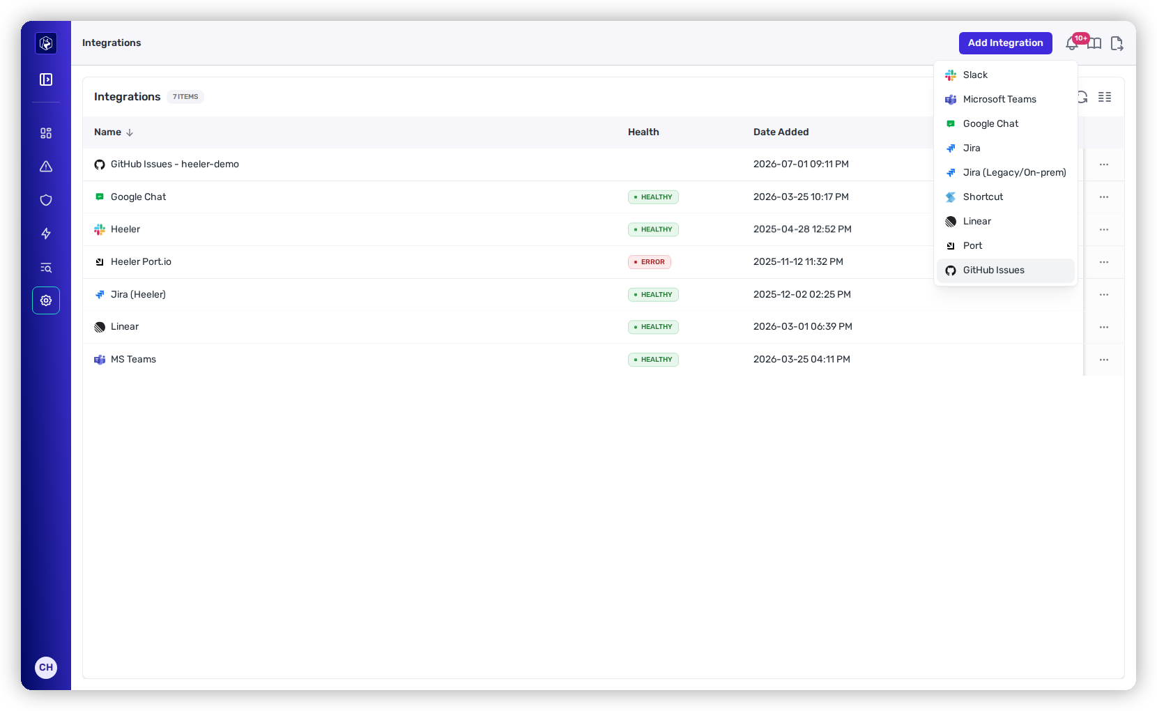 The Add Integration menu with GitHub Issues available once GitHub is connected.