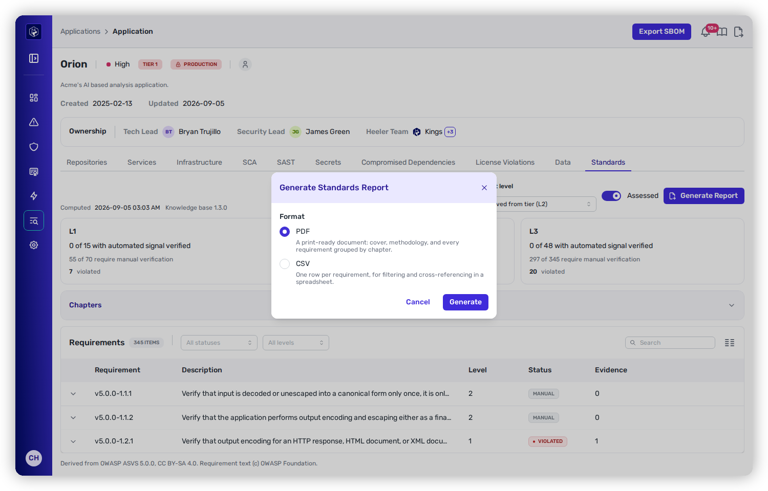 The Generate Standards Report dialog offering PDF and CSV formats, over an application's Standards tab showing level cards and the requirements table.