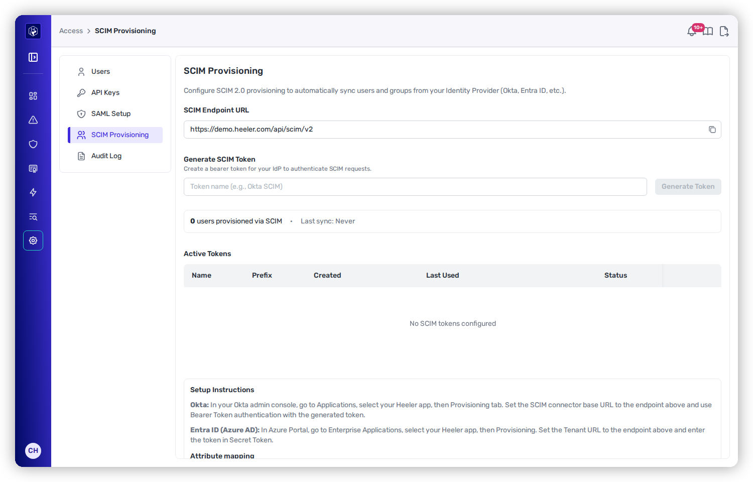 The SCIM Provisioning page: the SCIM Endpoint URL, a Generate SCIM Token field, a count of users provisioned via SCIM, the Default role for new users picker, the Active Tokens table, and per-IdP setup instructions.
