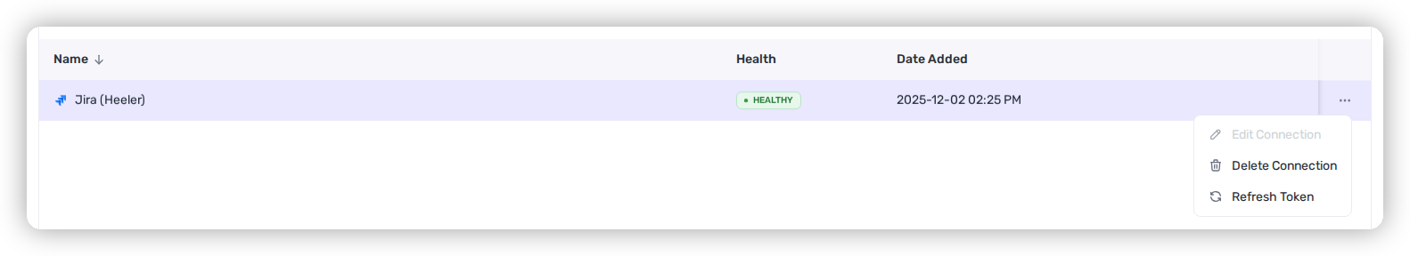 The row action menu on the Jira integration with the Refresh Token option.