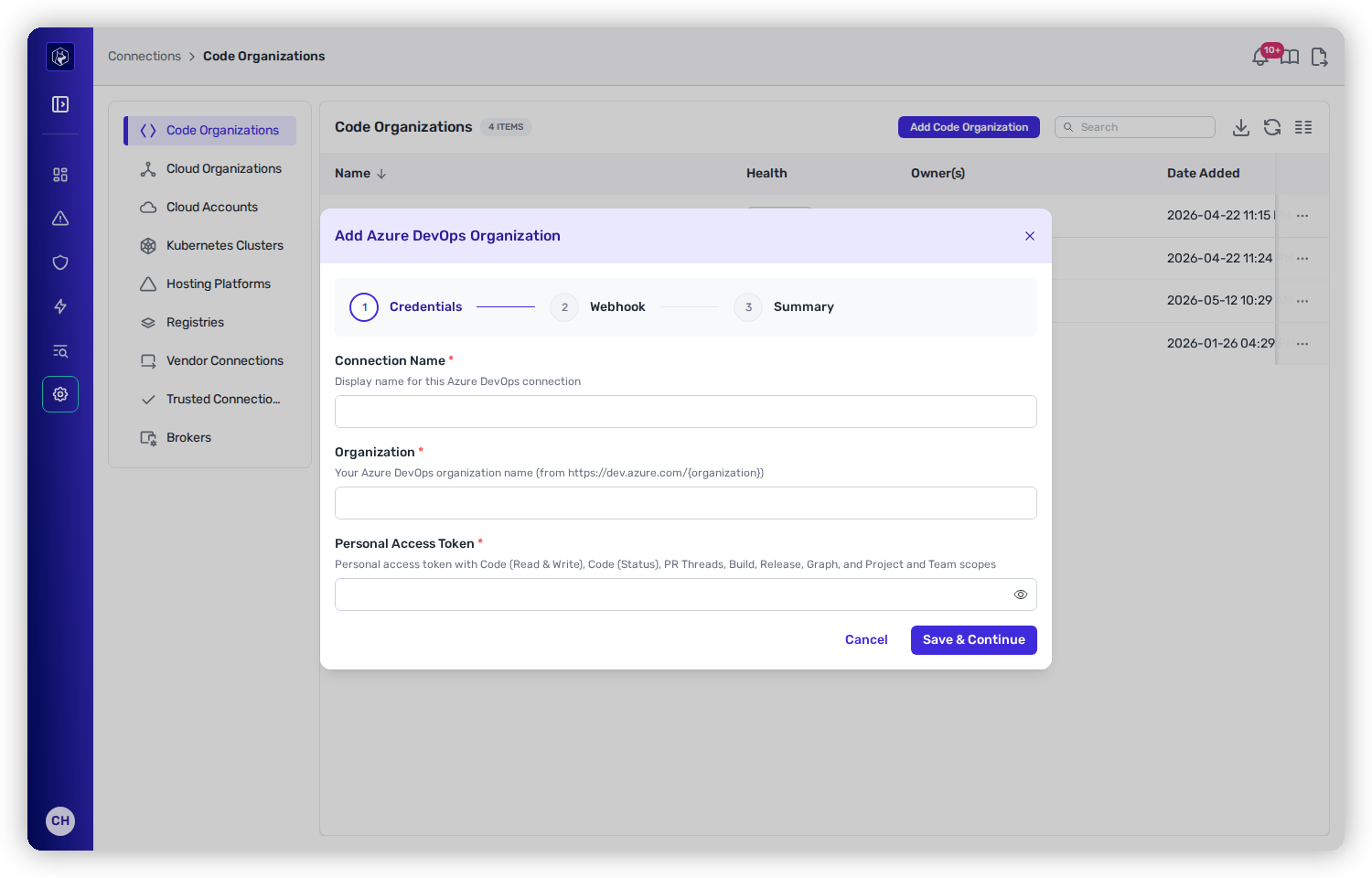 The Add Azure DevOps Organization wizard, Credentials step, with Name, Organization, and Personal Access Token fields, ahead of Webhook and Summary steps.