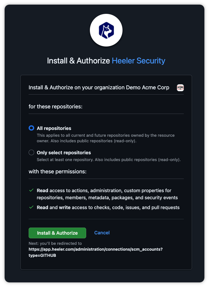 The connected GitHub organization listed under Code Organizations in Heeler after install.