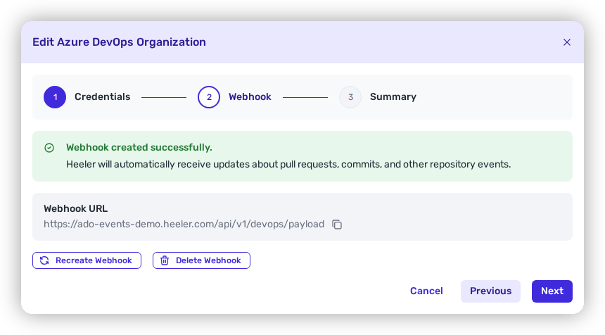 The Webhook step of the Add Azure DevOps Organization wizard showing 'Webhook created successfully', the webhook URL, and Recreate/Delete Webhook actions.