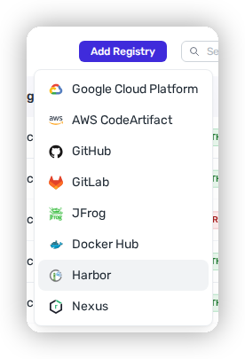 The Add Registry menu with Harbor selected.