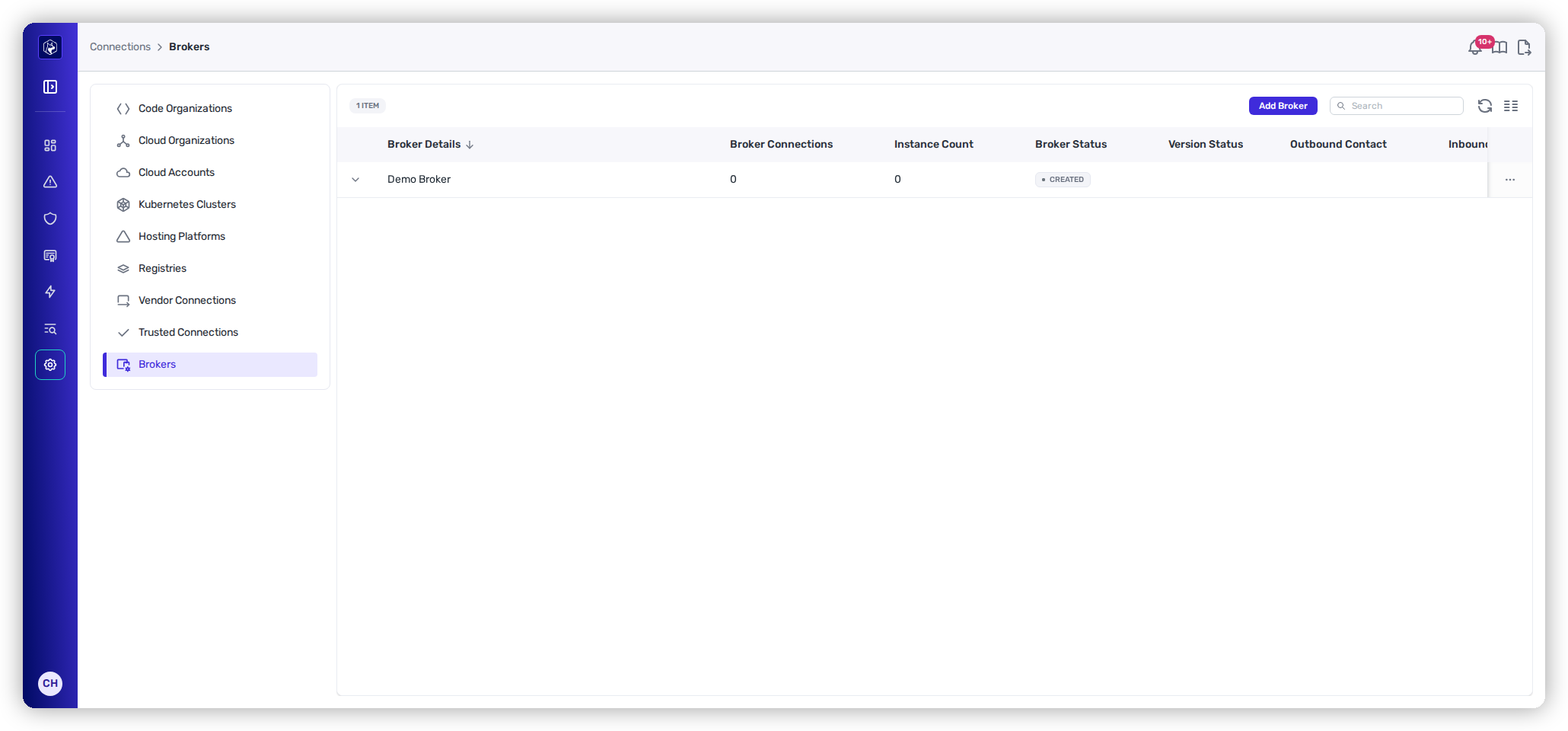 The Brokers list showing a broker with columns for Broker Connections, Instance Count, Broker Status, Version Status, and Outbound/Inbound Contact.