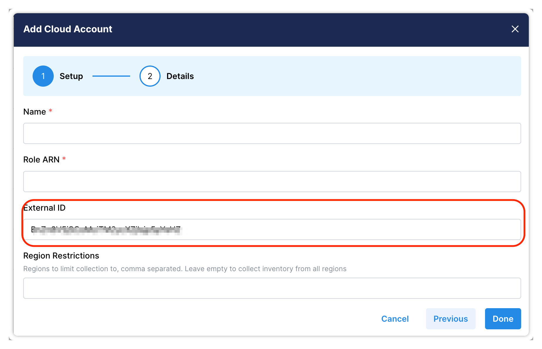 The Add Cloud Account Details step in Heeler with Name, Role ARN, External ID, and Region Restrictions fields.