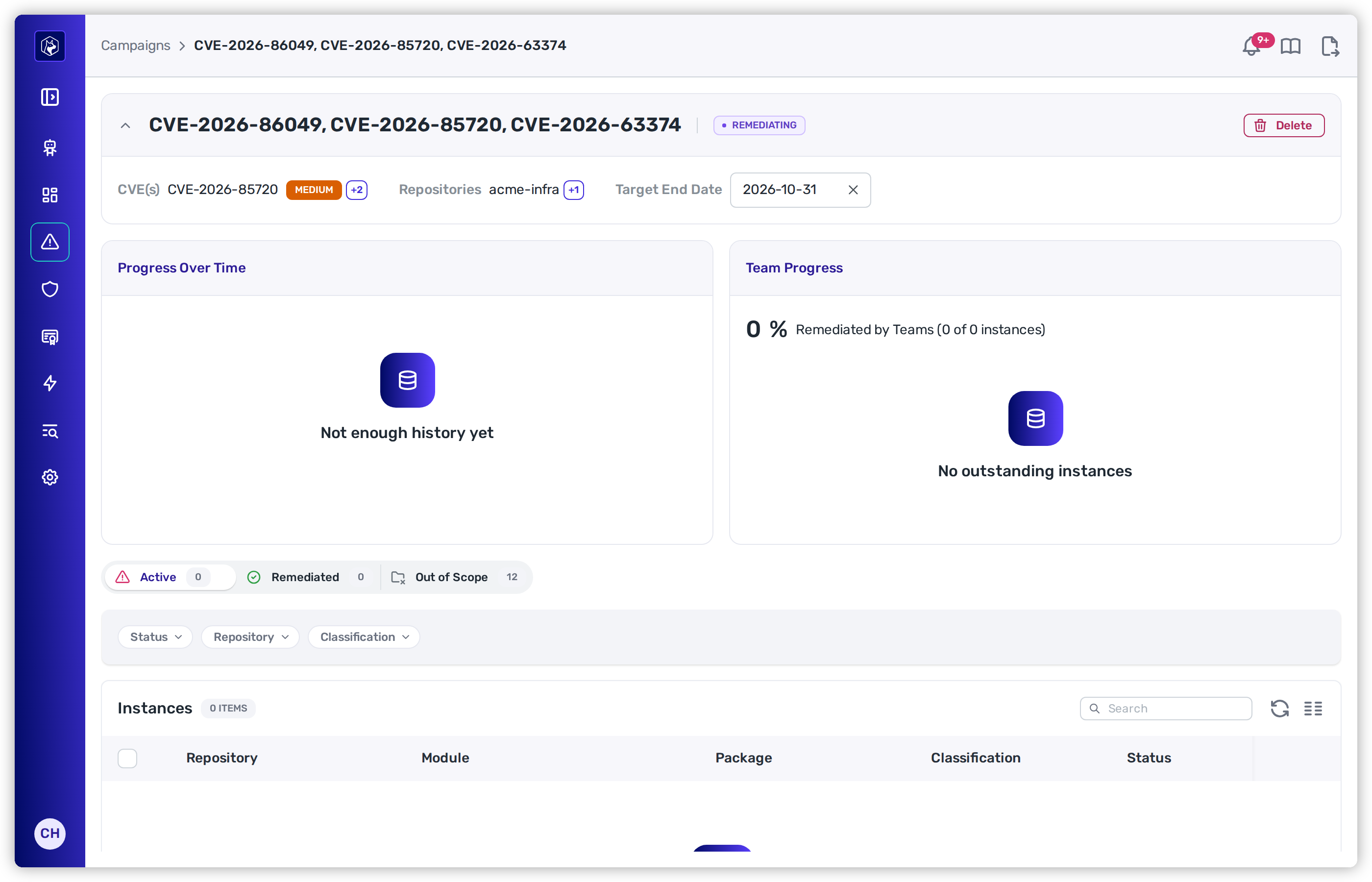 A campaign page showing the CVEs, repositories and target end date, the Progress Over Time and Team Progress cards, the Active, Remediated and Out of Scope tabs with counts, and the instance table listing repository, module, package with its version, classification, status and team, with a Remediate action on each row.