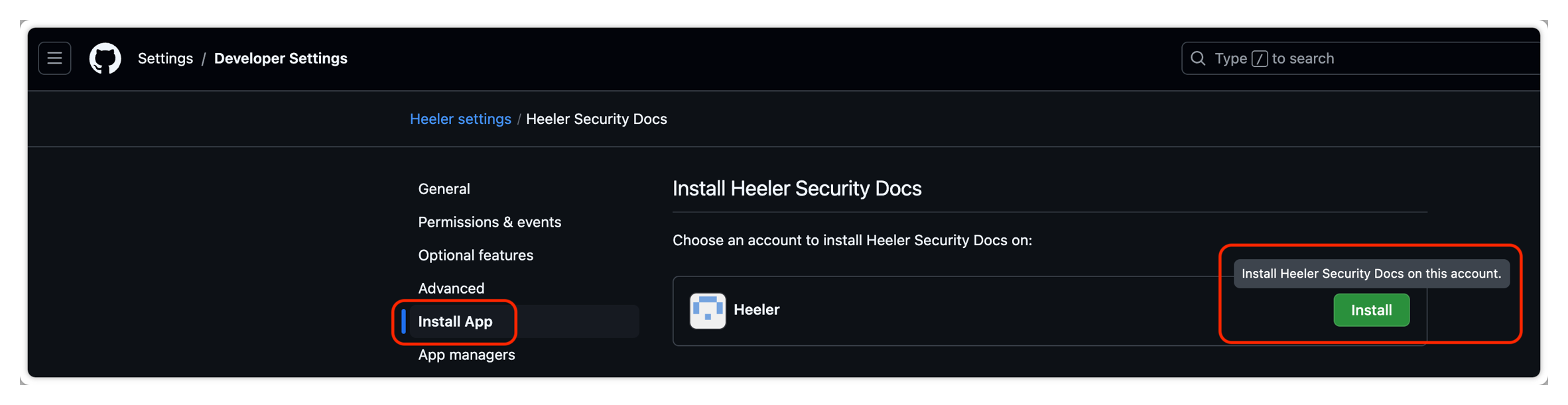 Choosing the GHES account to install the App into, with the green Install button.
