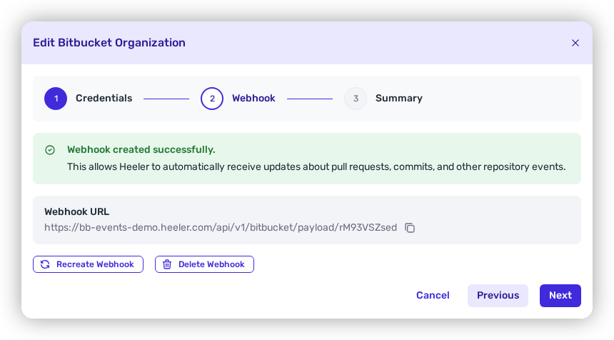 The Webhook step of the Bitbucket connection wizard showing the webhook Heeler will create.