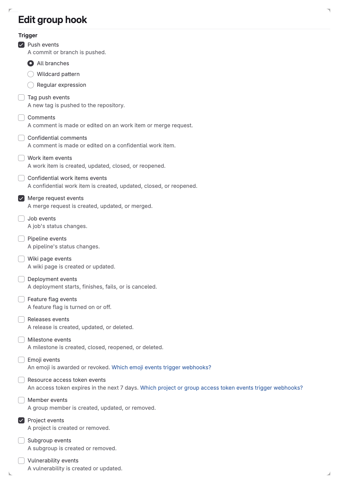 The GitLab webhook trigger checkboxes: Push events (all branches), Merge request events, and Project events.