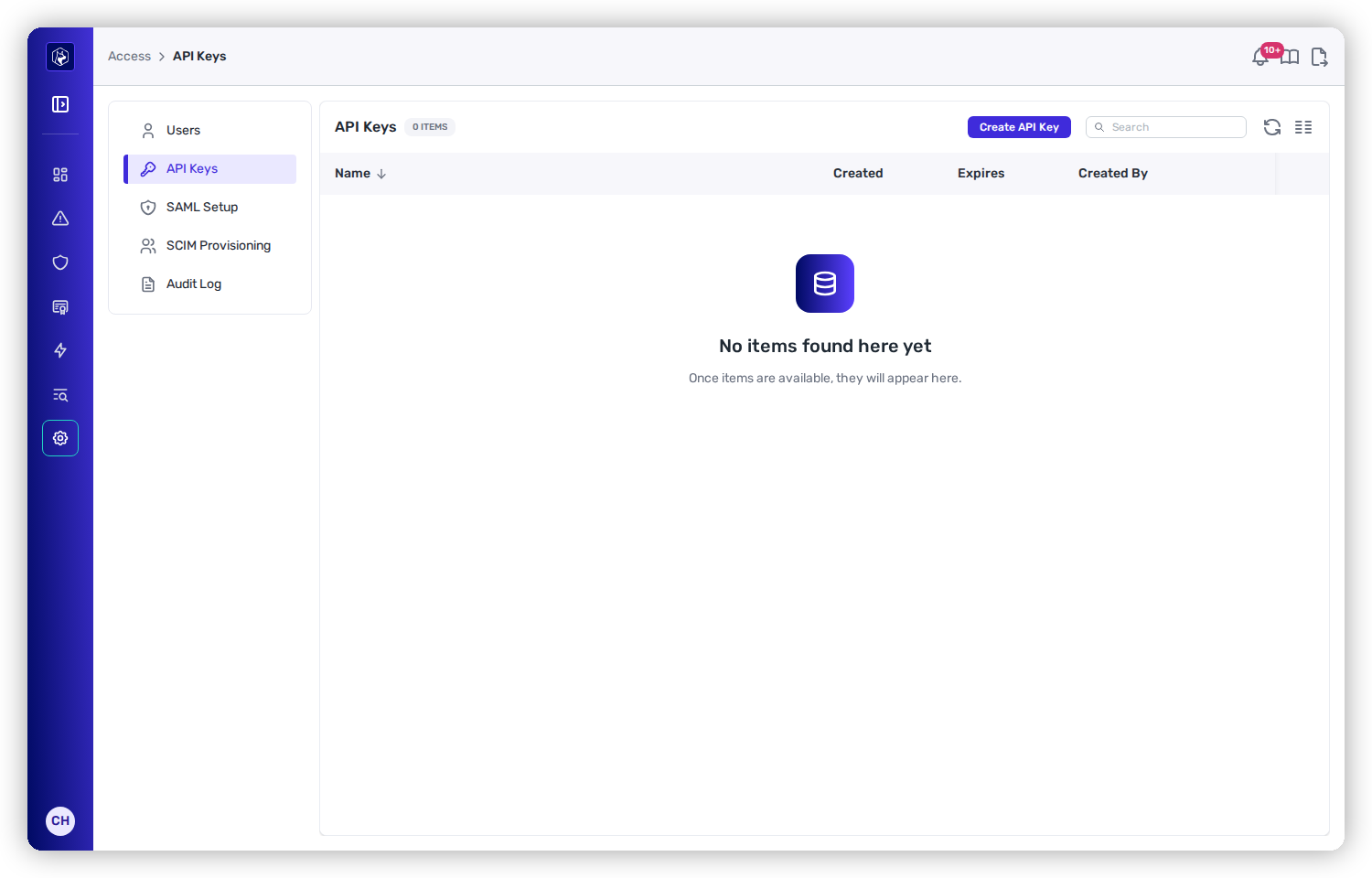 The API Keys list under Administration → Access → API Keys, with Name, Created, Expires, and Created By columns and the Create API Key button.