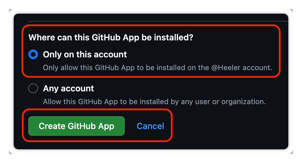 The 'Where can this GitHub App be installed?' setting set to Only on this account, with Create GitHub App.