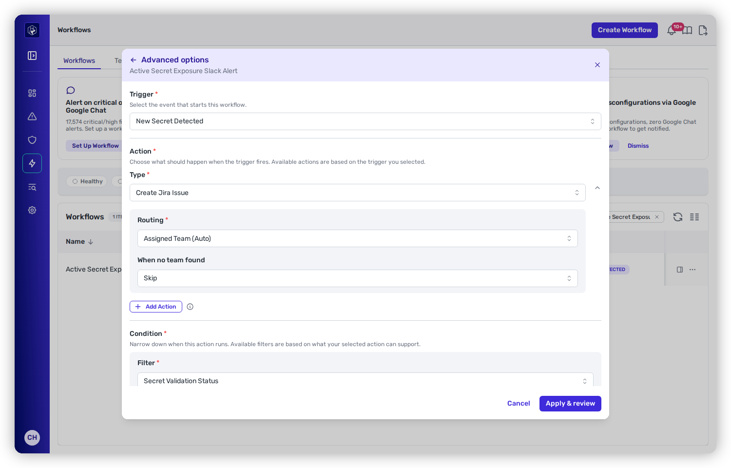 A Create Jira Issue action with Routing set to Assigned Team (Auto) and When no team found set to Skip.