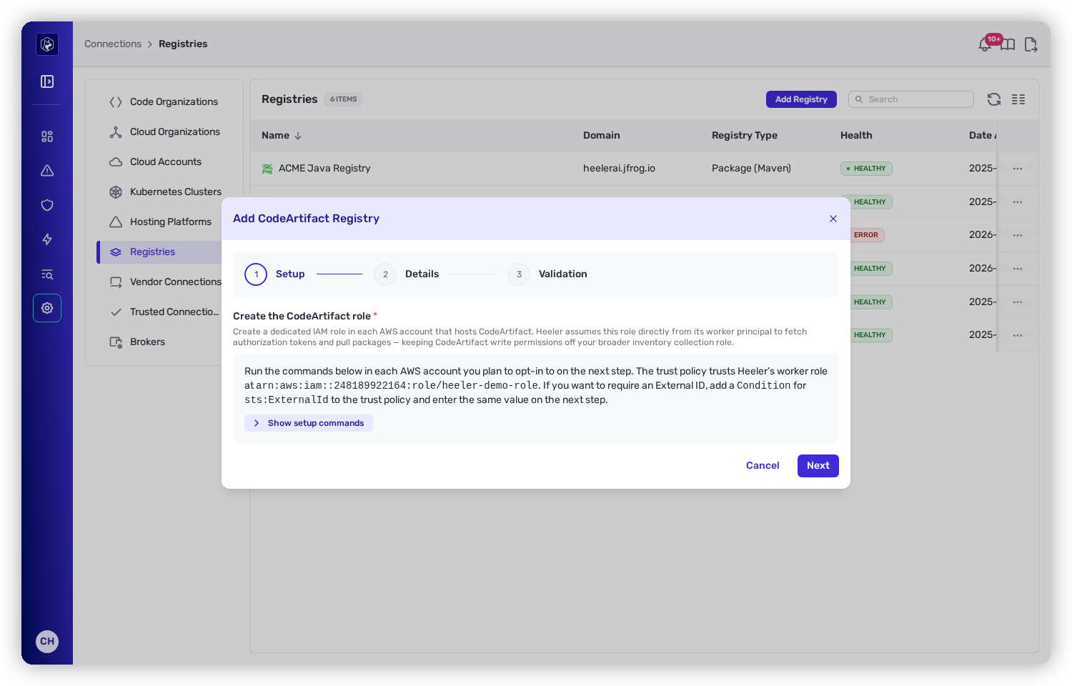 The Add CodeArtifact Registry modal on its Setup step, describing the dedicated IAM role and the trust policy, with the generated AWS CLI commands behind a Show setup commands disclosure.