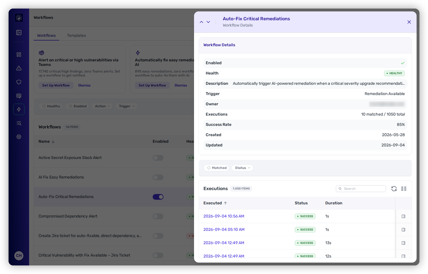 The Auto-Fix Critical Remediations workflow detail with its executions log.
