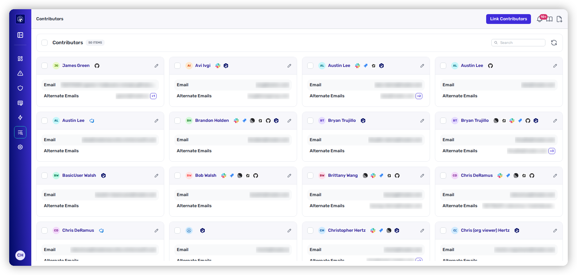 The Contributors inventory with name, email, and alternate emails.
