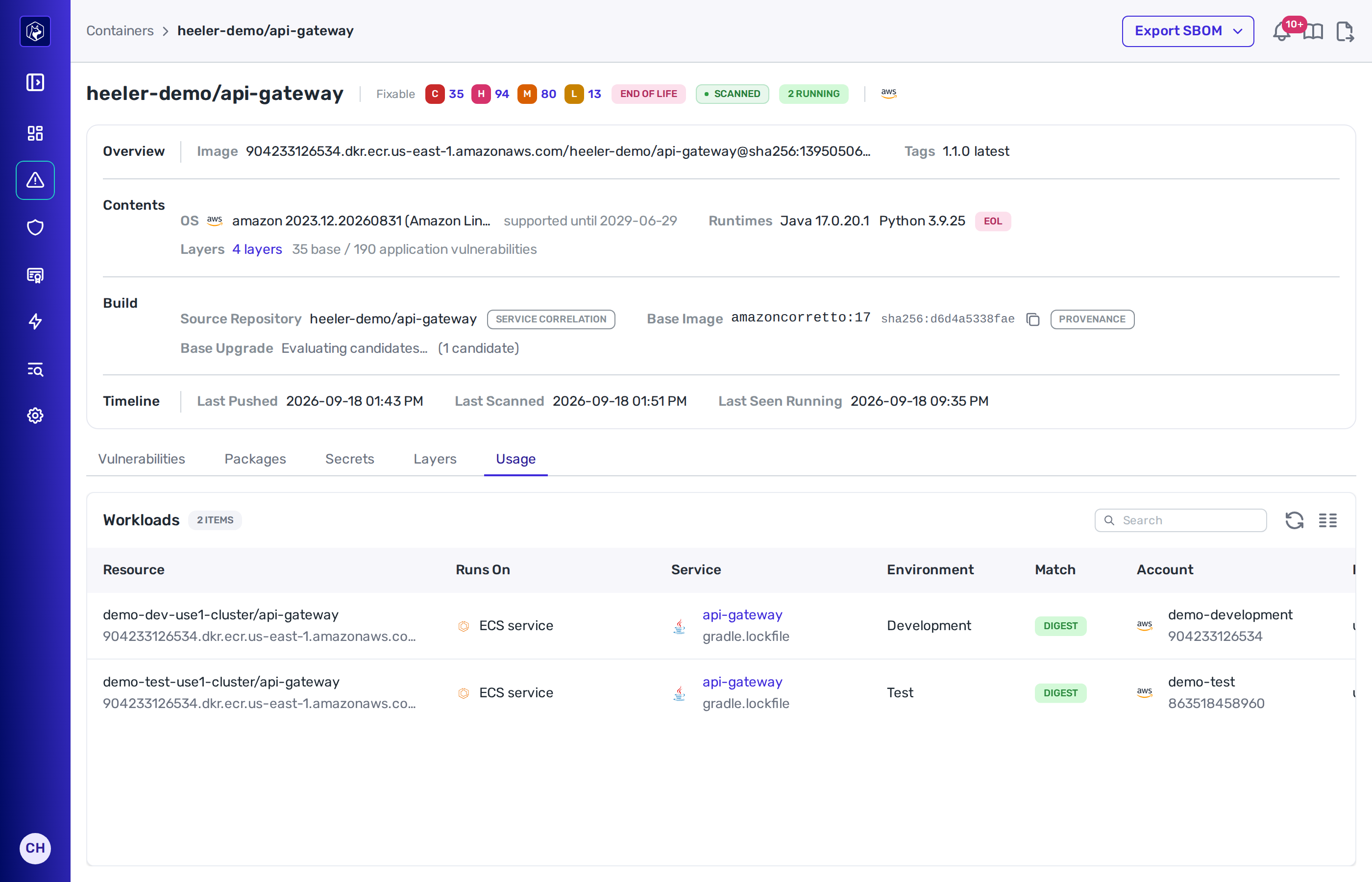 The Usage tab of a container image, listing each running workload with its resource name and registry host, what it runs on, the service and manifest it belongs to, its environment, how the image reference was matched, and the cloud account.