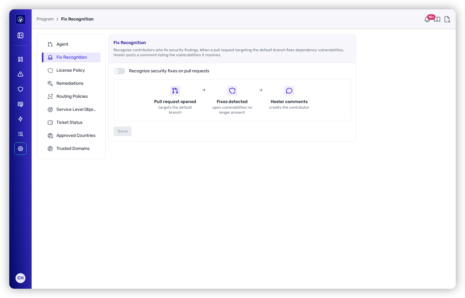 The Fix Recognition page with a single Recognize security fixes on pull requests toggle above a three-stage explainer: Pull request opened, Fixes detected, Heeler comments.