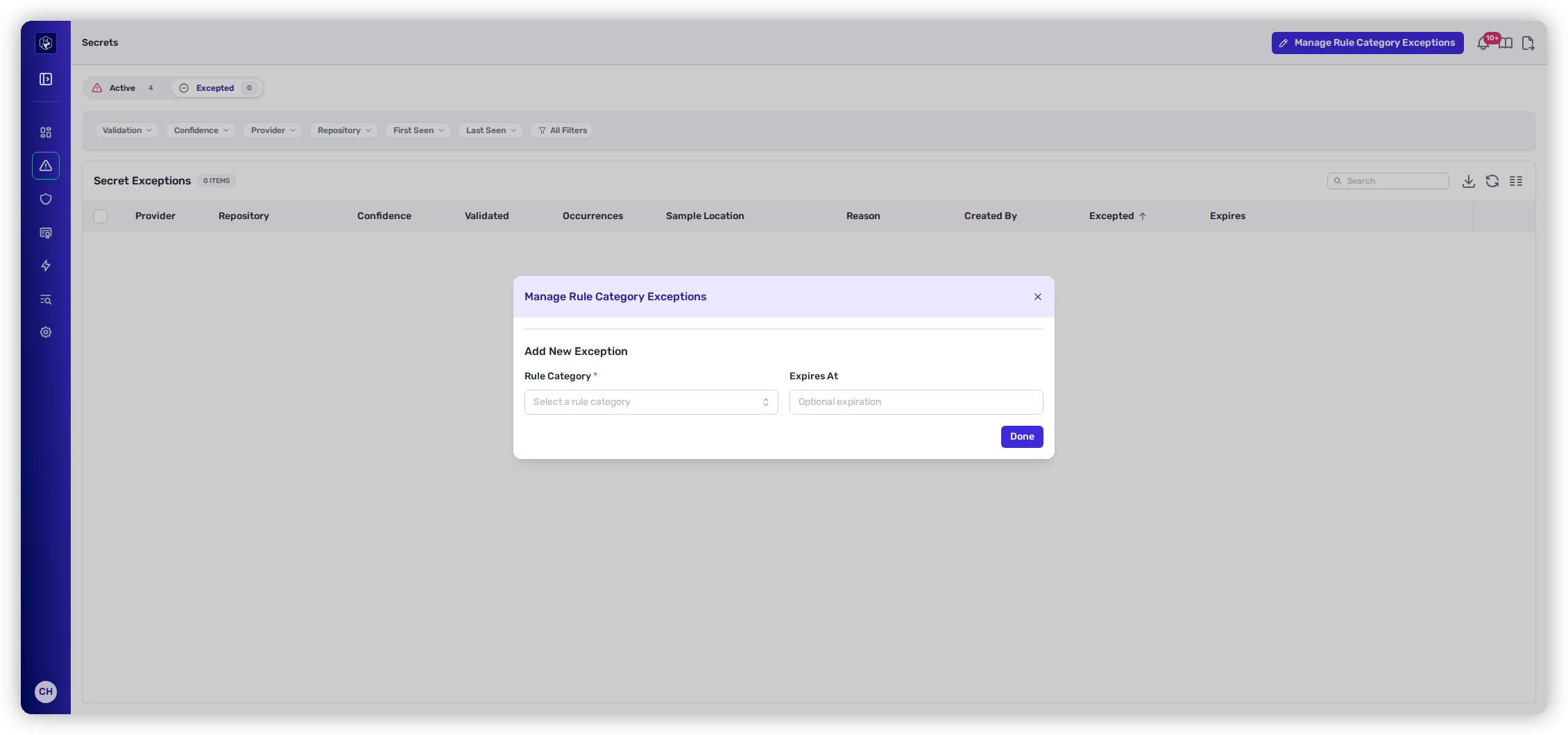 The Manage Rule Category Exceptions dialog.