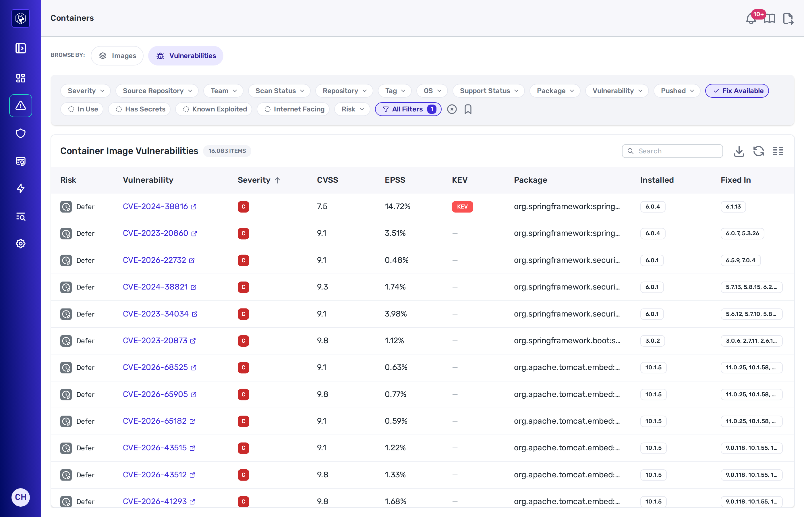 The Container Image Vulnerabilities listing with the Fix Available filter selected, showing the Risk, Vulnerability, Severity, CVSS, EPSS, KEV, Package, Installed and Fixed In columns, one advisory per row.