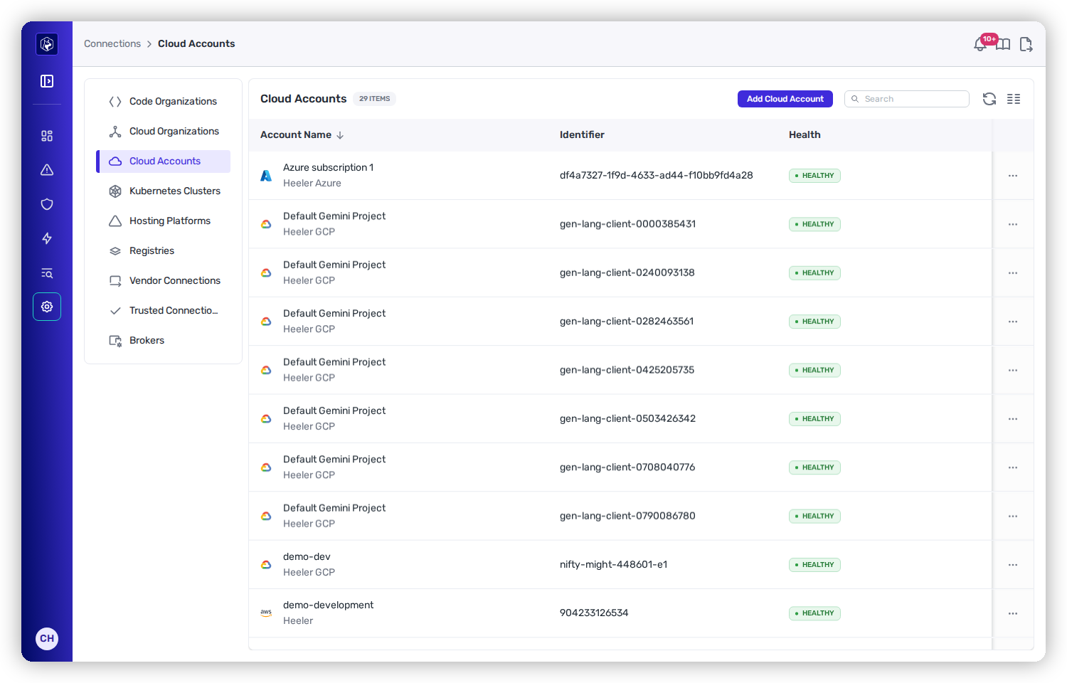 The Cloud Accounts list showing the newly added AWS account with a green HEALTHY status.