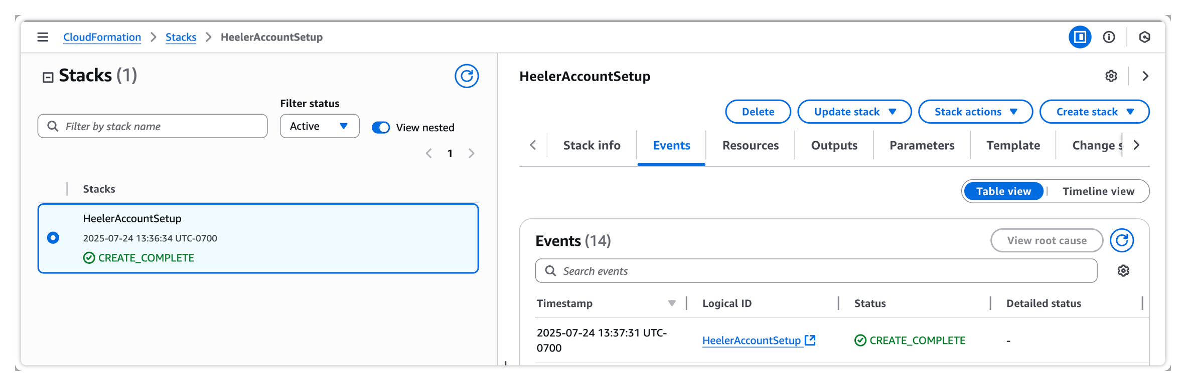 The CloudFormation HeelerAccountSetup stack at CREATE_COMPLETE, with the Outputs tab holding the heeler-member role ARN.