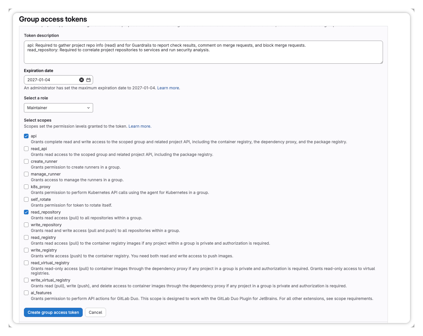 The GitLab group access token form with the Maintainer role and the api and read_repository scopes selected.