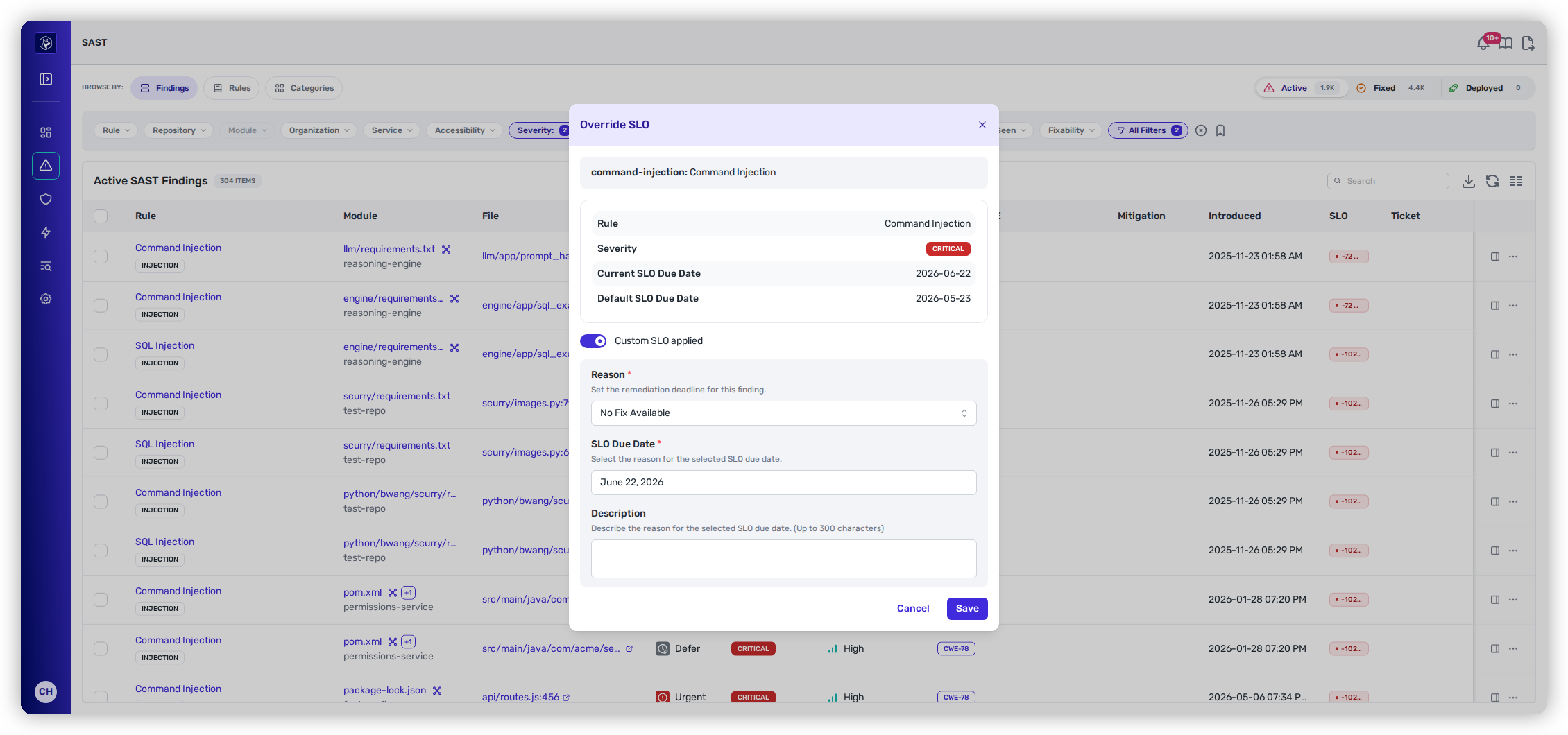 The Override SLO modal with Custom SLO applied turned on, revealing the fields.