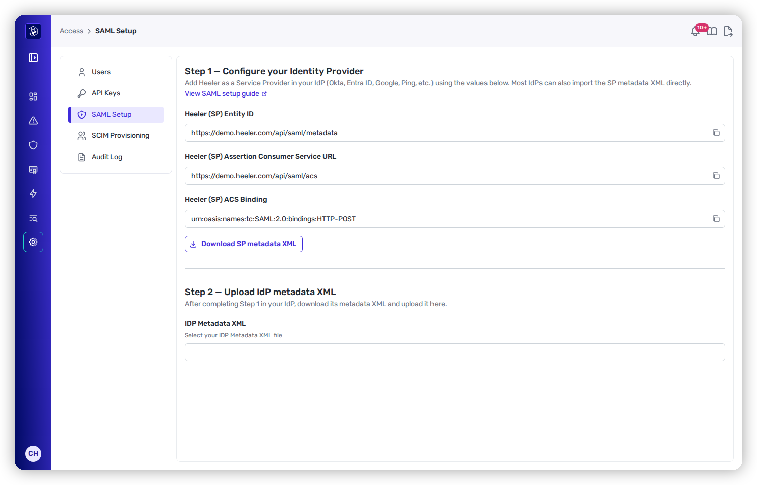 The SAML Setup page: Step 1 shows Heeler's SP Entity ID, ACS URL, and ACS Binding with a Download SP metadata XML button; Step 2 is the IdP metadata XML upload.